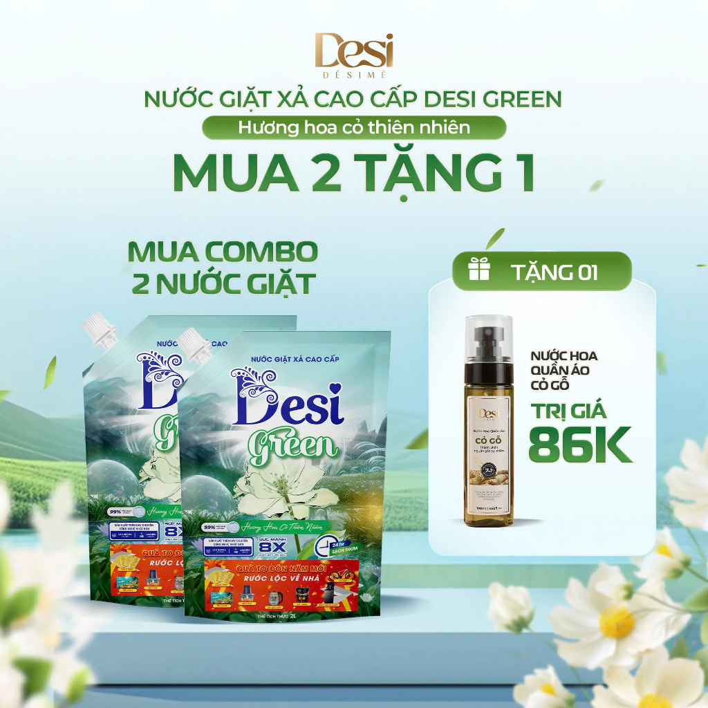 [ Mua 2 tặng 1] Mua 2 túi nước giặt Desi Green hương thơm từ Pháp tặng 1 nước hoa quần áo cao cấp (Tổng 4Kg)