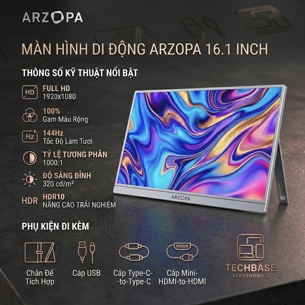 [Hỏa Tốc] Màn Hình Chơi Game Di Động Arzopa 16.1 Inch Tấm Nền IPS Full HD 100% sRGB 144Hz - Xám Bạc.