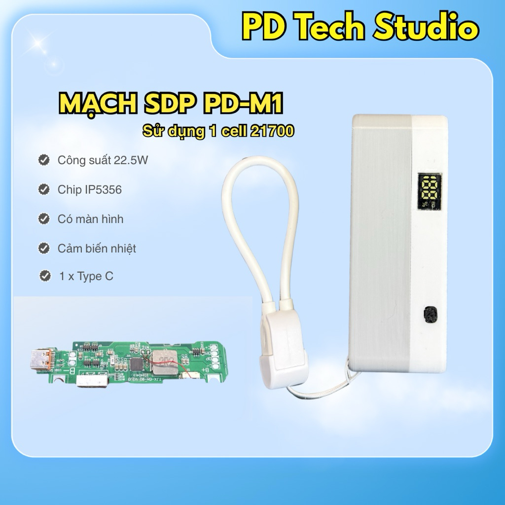 Mạch & Box Sạc Dự Phòng PD-M1 chip s621, 1 Cell 21700 - PD Tech Studio