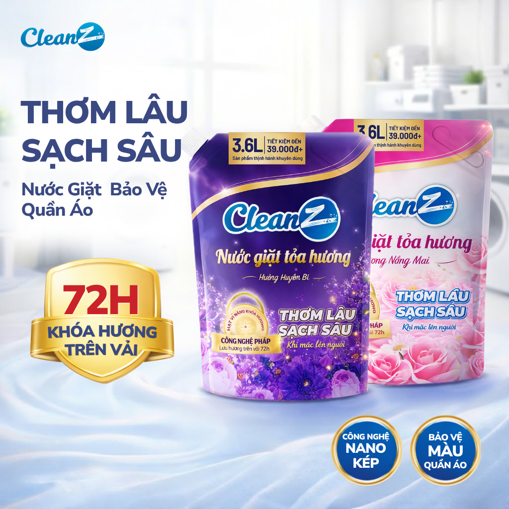 Nước Giặt CleanZ [Lưu Hương 72H] Tẩy Sạch Vết Bẩn, Khử Mùi Hôi, An Toàn Lành Tính (MUA 3.6L TẶNG 2L)