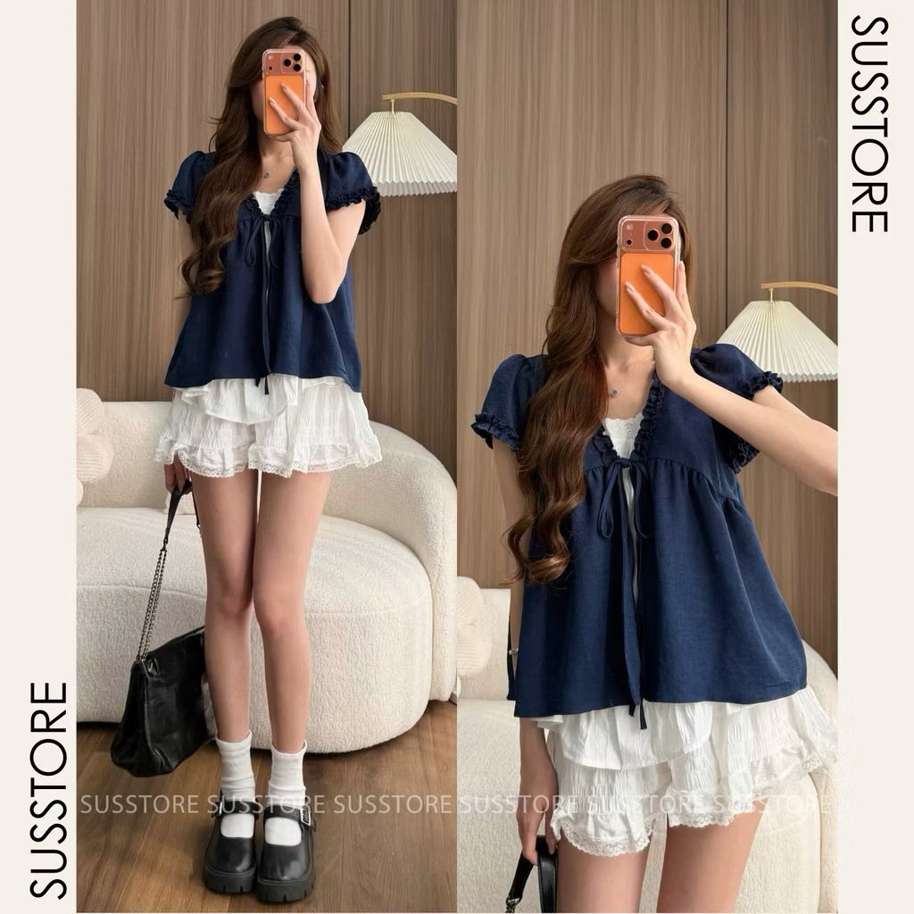 Áo Babydoll Viền Bèo Cộc Tay Nơ Ngực Phối Ren Boi Trắng KENCO Thời Trang Nữ MA848 | BigBuy360 - bigbuy360.vn
