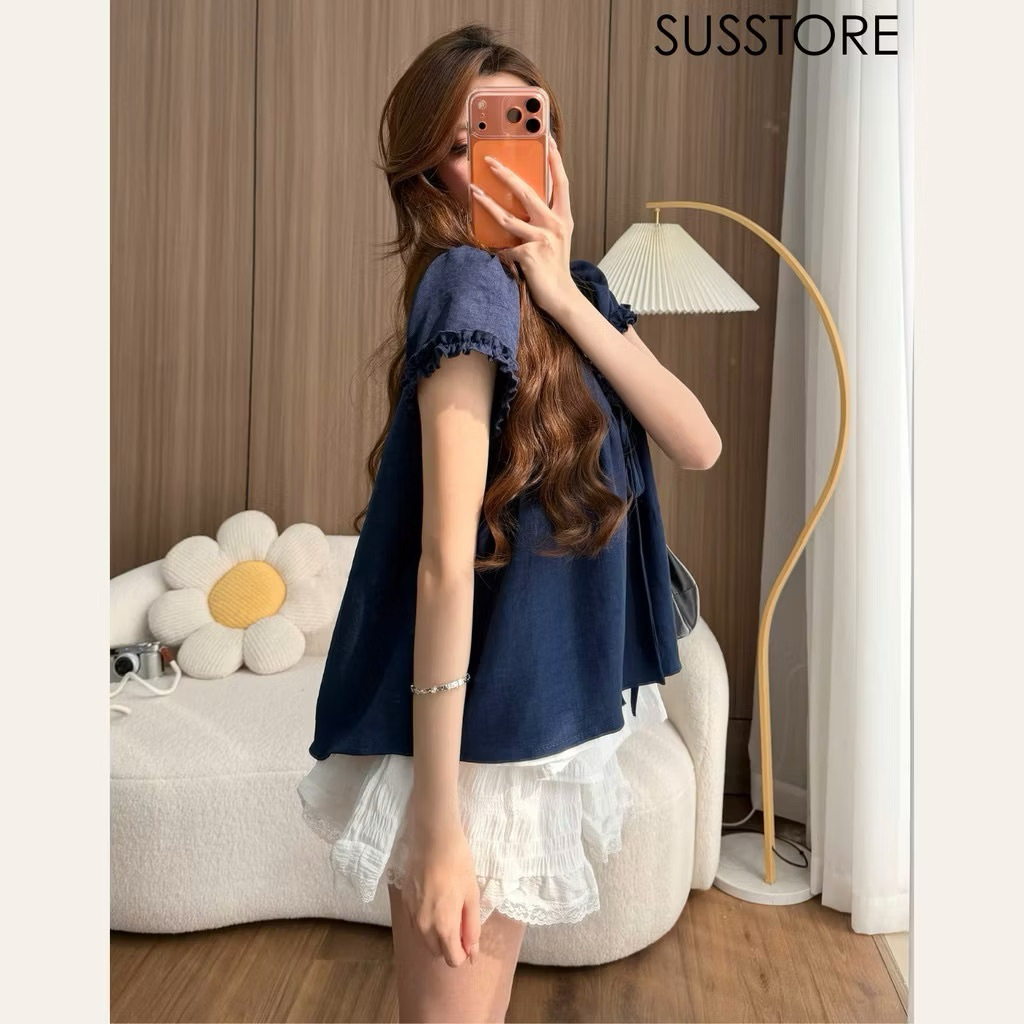 Áo Babydoll Viền Bèo Cộc Tay Nơ Ngực Phối Ren Boi Trắng KENCO Thời Trang Nữ MA848 | BigBuy360 - bigbuy360.vn