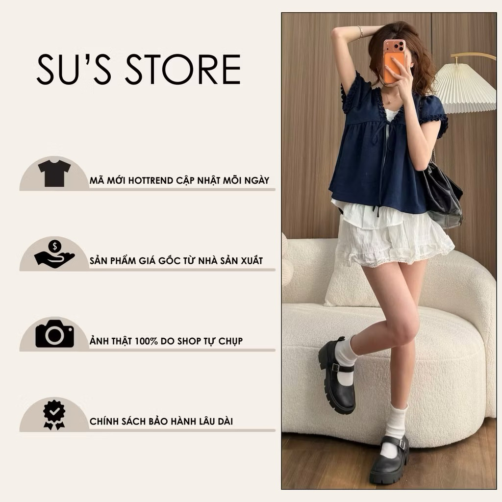 Áo Babydoll Viền Bèo Cộc Tay Nơ Ngực Phối Ren Boi Trắng KENCO Thời Trang Nữ MA848 | BigBuy360 - bigbuy360.vn