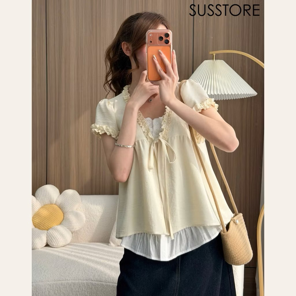 Áo Babydoll Viền Bèo Cộc Tay Nơ Ngực Phối Ren Boi Trắng KENCO Thời Trang Nữ MA848 | BigBuy360 - bigbuy360.vn