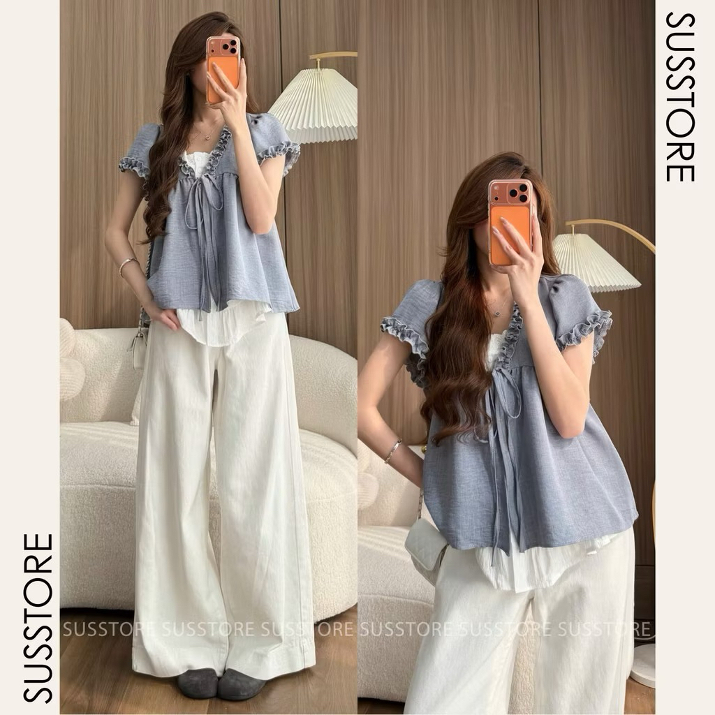 Áo Babydoll Viền Bèo Cộc Tay Nơ Ngực Phối Ren Boi Trắng KENCO Thời Trang Nữ MA848 | BigBuy360 - bigbuy360.vn