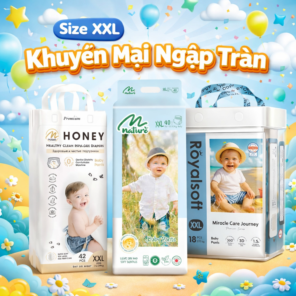 (Size XXL + TẶNG QUÀ ) Tã Bỉm Honey Premiu, Nature và Royal Soft Quần Mềm Mại