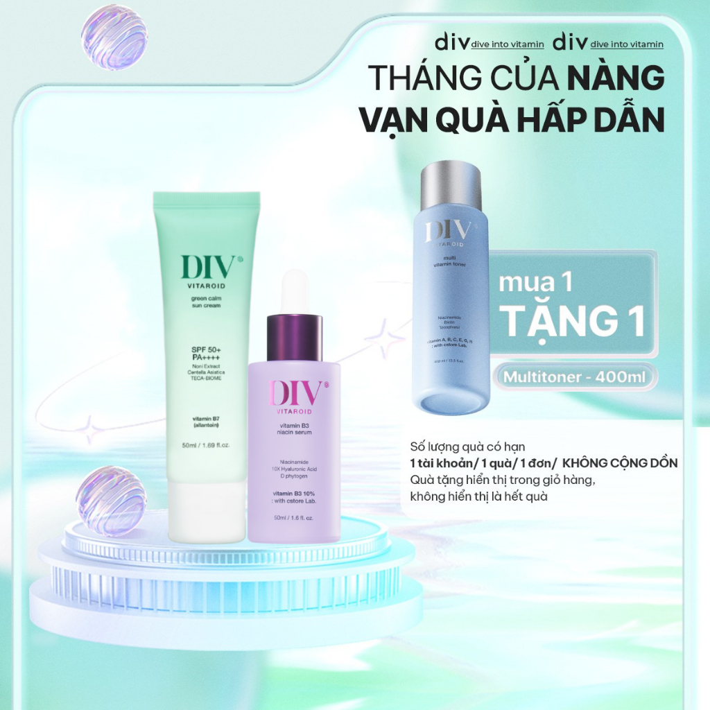 Bộ Đôi Serum B3 và KCN DIV Vitaroid Green Calm Sun Cream Hỗ Trợ Dưỡng Ẩm, Làm Dịu Dành Cho Da Nhạy C