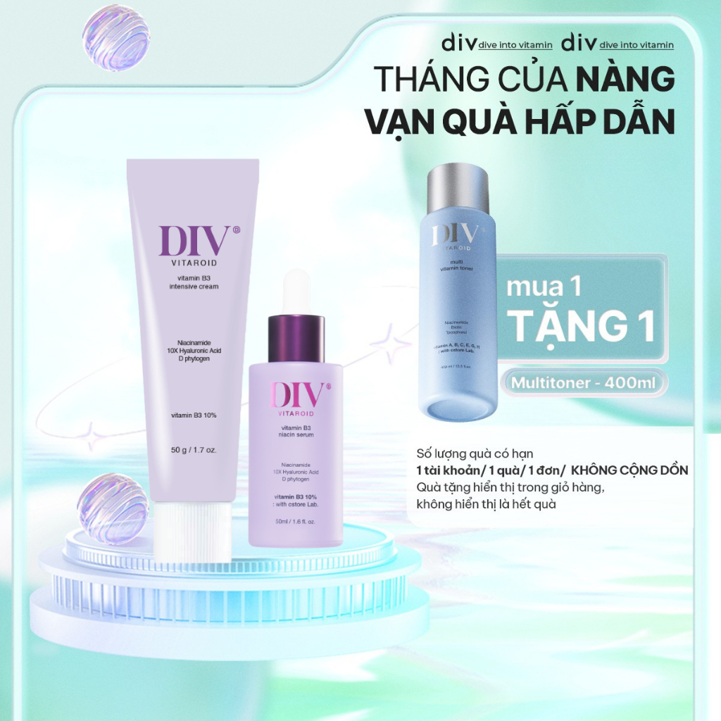 Bộ Đôi Serum 50ml & Kem Dưỡng 50g Vitamin B3 DIV Hỗ Trợ Dưỡng Sáng, Căng Mướt Cho Da Với 10% Niacina