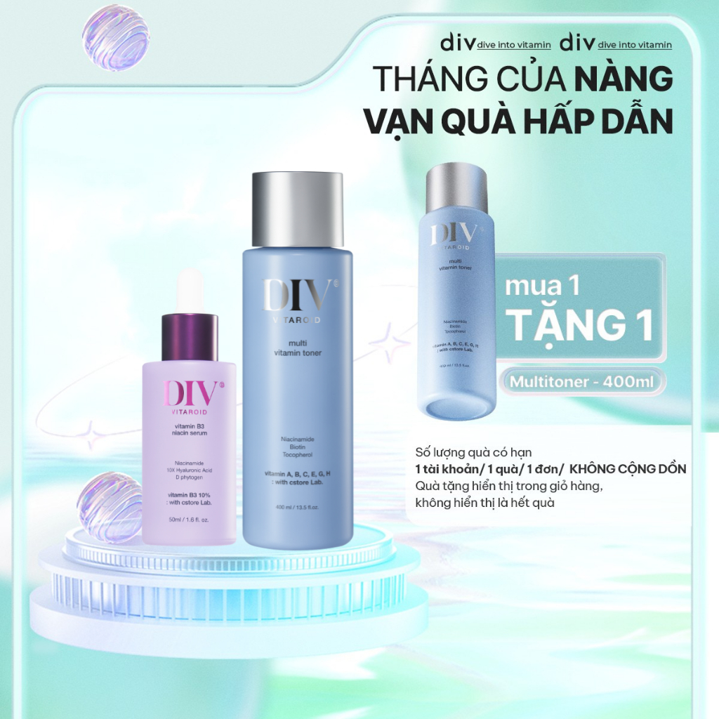 Bộ Đôi Serum Vitamin B3 50ml & Toner Multivitamin 400ml DIV Hỗ Trợ Dưỡng Trắng Và Tăng Cường Hàng Rà