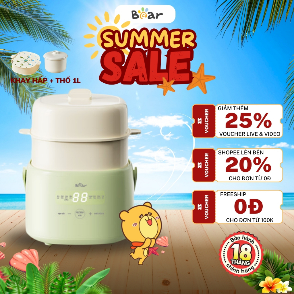 Nồi Nấu Chậm 1L Đa Năng Bear SC-4H10E (DDZ-H10M7), Kèm Lồng Hấp, 7 Chế Độ Nấu, Hẹn Giờ, BH 18 Tháng