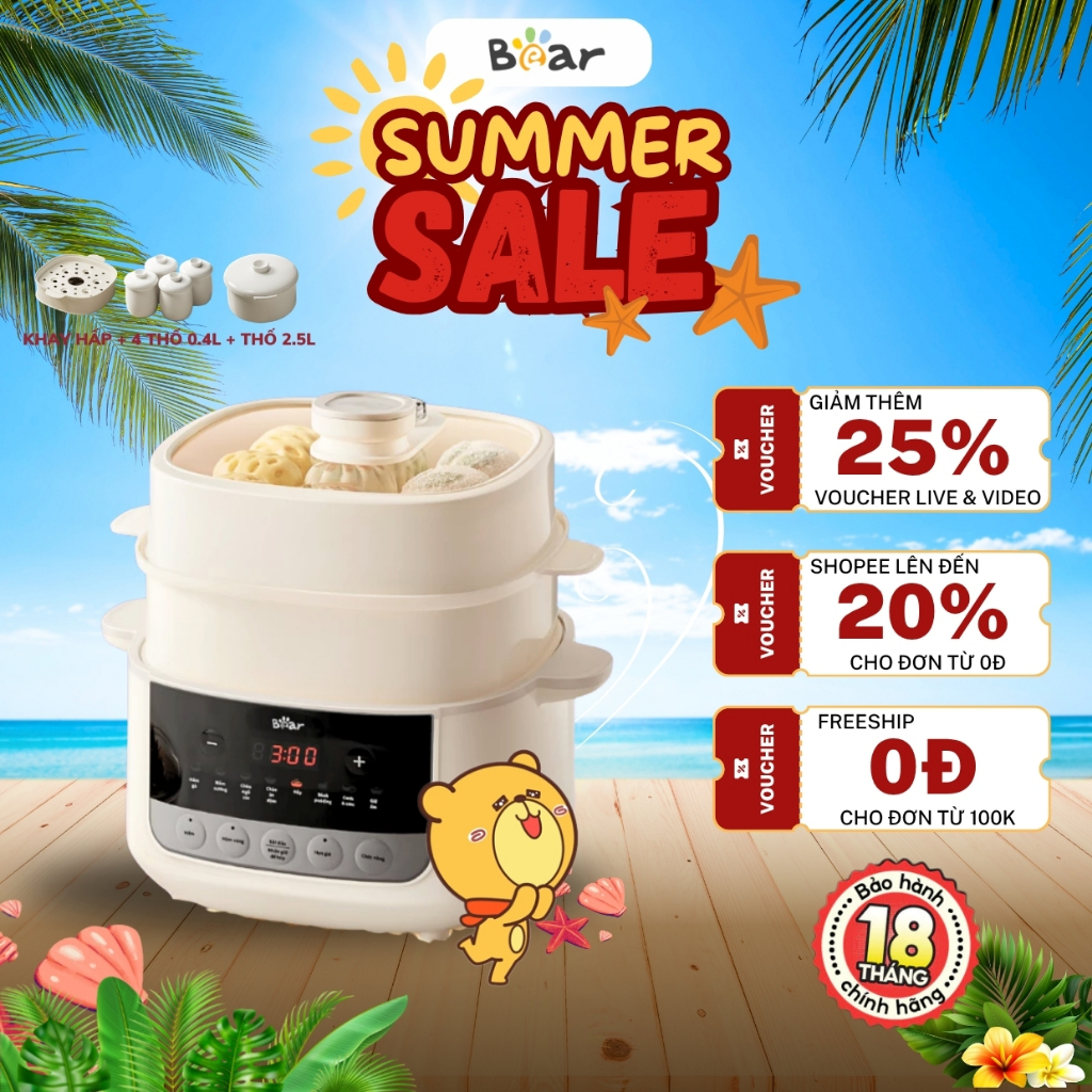 Nồi Nấu Chậm 2.5L Đa Năng Bear SC-5H25M34 (DDZ-J25G2), 600W, Gốm Sứ, Giữ Nhiệt, Kèm Xửng Hấp,Hẹn Giờ