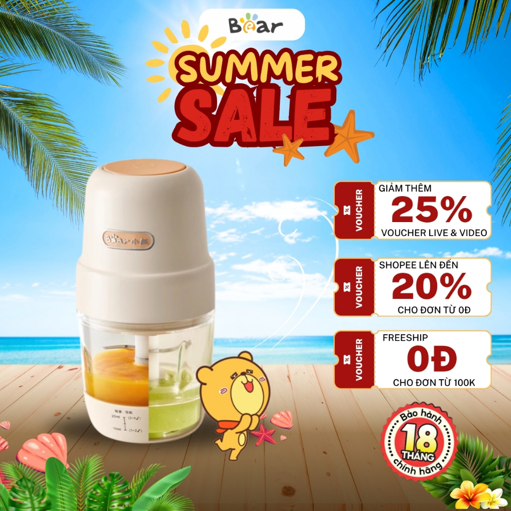 Máy xay ăn dặm cho bé 0.3L Bear CH-4H02S (QSJ-L02H2), 200W, 8 Lưỡi dao Inox 316,1 chế độ BH 18 Tháng