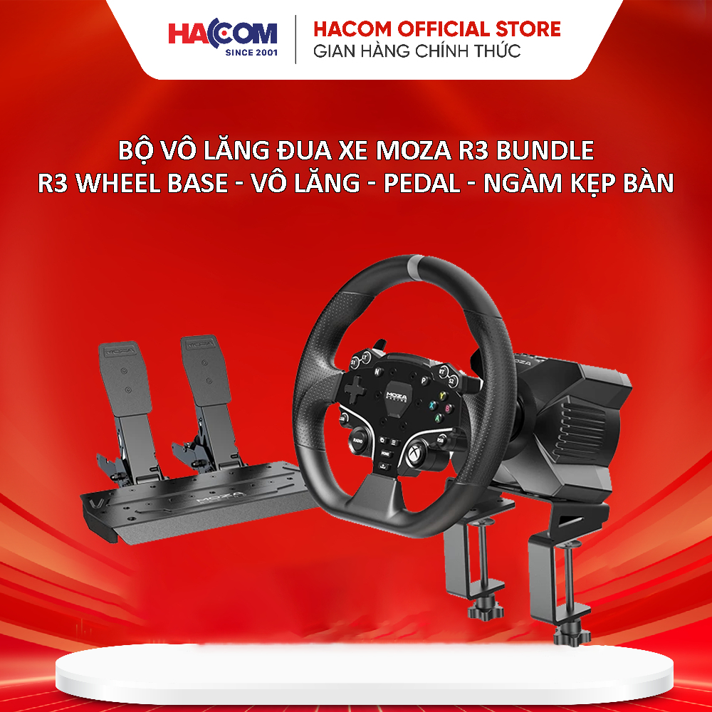 Bộ Vô Lăng Đua Xe Moza R3 Bundle PC/Xbox (R3 Wheel Base/Vô Lăng/Pedal/Ngàm Kẹp Bàn) - BH 12 Tháng