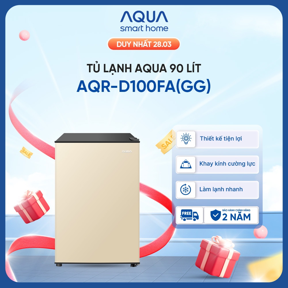 [Võ Hà Linh x AQUA] Tủ lạnh Aqua 90 lít AQR-D100FA(GG) - Màu be - Freeship toàn quốc - Có hỗ trợ đổi