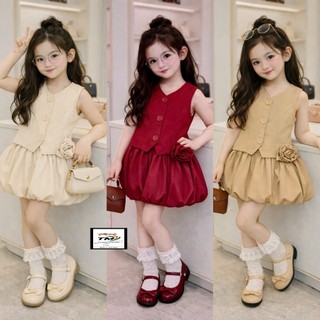 Đồ bộ bé gái, Set váy bé gái áo yếm sành điệu lưng chun phối chân váy bí phồng đính hoa cho bé 9-35kg Baby Trendy