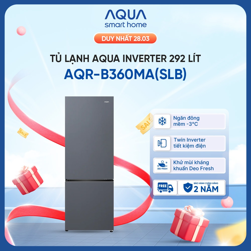 Freeship toàn quốc - Tủ lạnh ngăn đông dưới Aqua 292L AQR-B360MA(SLB) - Bảo hành chính hãng trong 2 