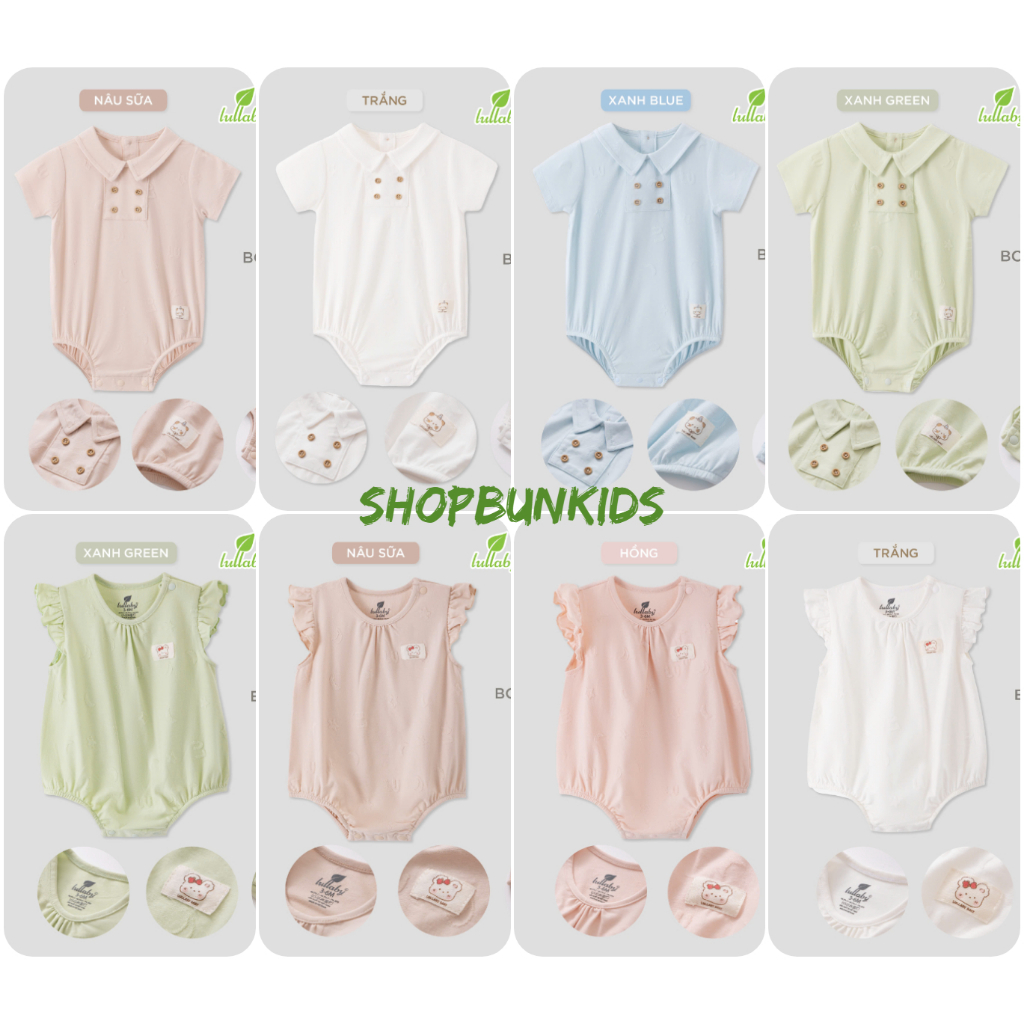 Bộ body chip cộc tay LULLABY vải sợi tre bamboo bé sơ sinh mỏng hè mát bodysuit Lulaby chính hãng