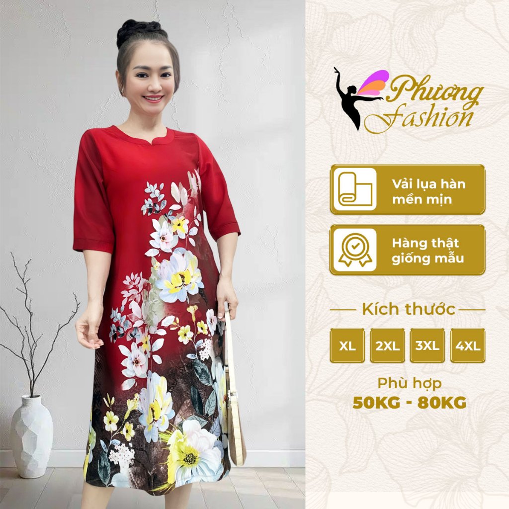 Đầm Trung Niên Lụa Hàn In Hoa Dáng Suông Rộng Che Bụng, Váy Nữ Trung Niên U40 U50 U60 Thanh Lịch 02