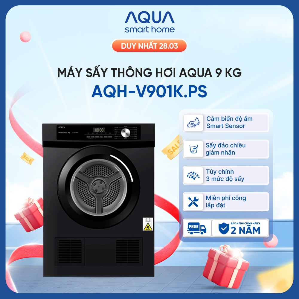 Máy sấy thông hơi Aqua 9 kg AQH-V901K PS - Cửa ngang, màu Đen