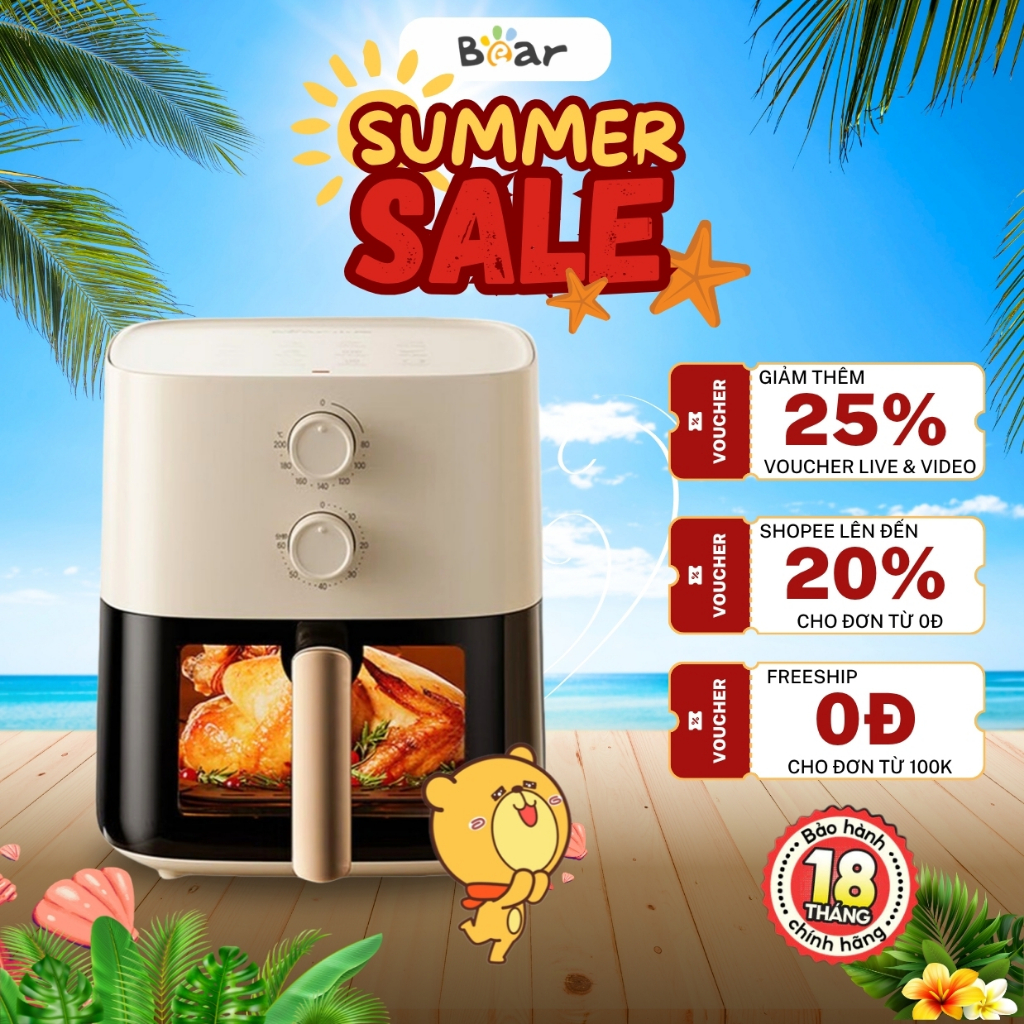 Nồi Chiên Không Dầu Dung Tích 5L Bear QZG-J15M1, 1500W Cửa Kính Dễ Quan Sát, Chống Dính, BH 18 Tháng
