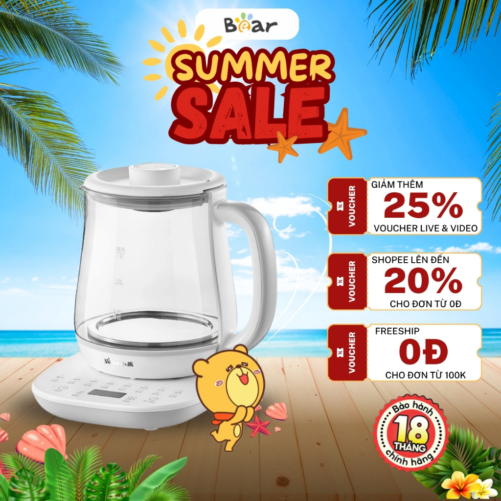 Ấm pha trà 1.5L đa năng Bear HK-5H15N21 (YSH-D15V7), 800W, 16 chế độ nấu giữ nhiệt, BH 18 Tháng