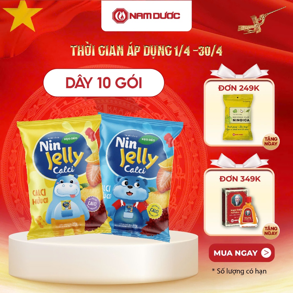 Thực phẩm bổ sung KẸO DẺO NIN JELLY CALCI Dây 10 túi x 20 g , bổ sung calci hữu cơ cho bé
