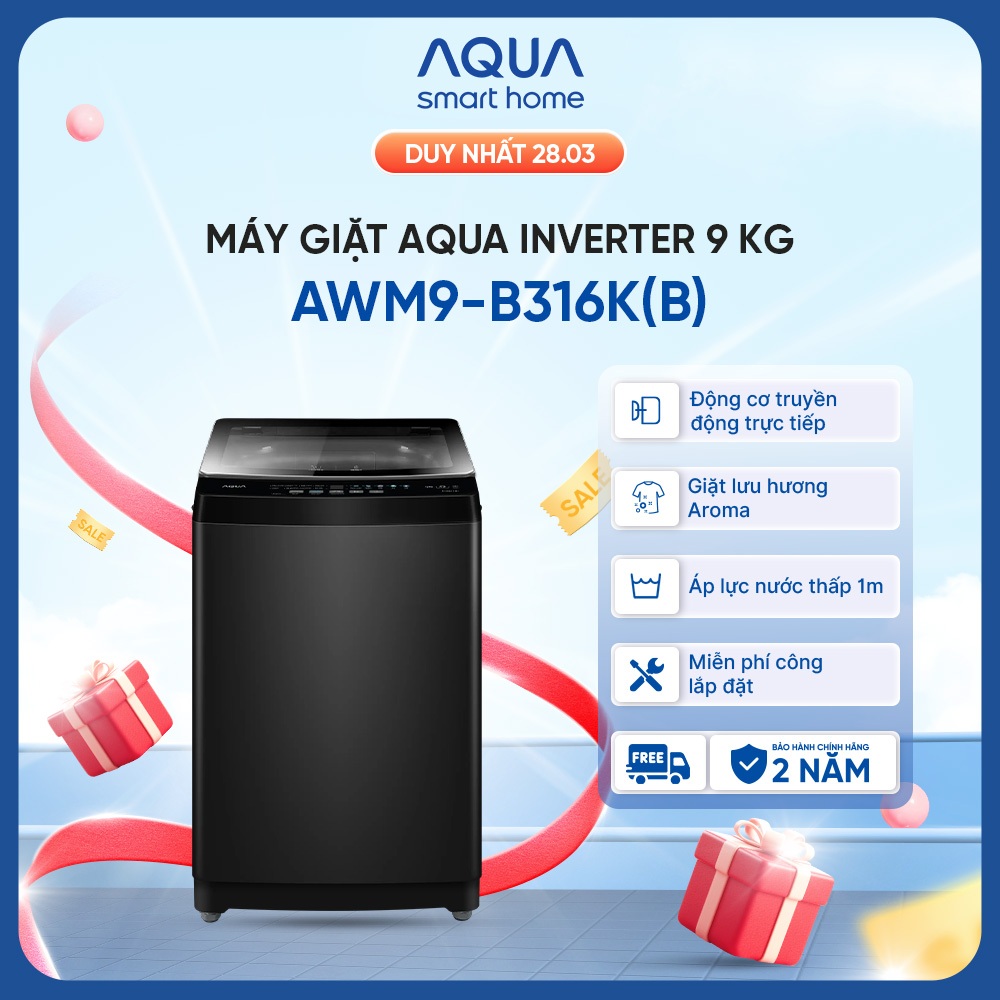 [SẢN PHẨM MỚI 2025] Máy giặt cửa trên AQUA Inverter 9 kg AWM9-B316K(B) - Freeship toàn quốc - Bảo hà