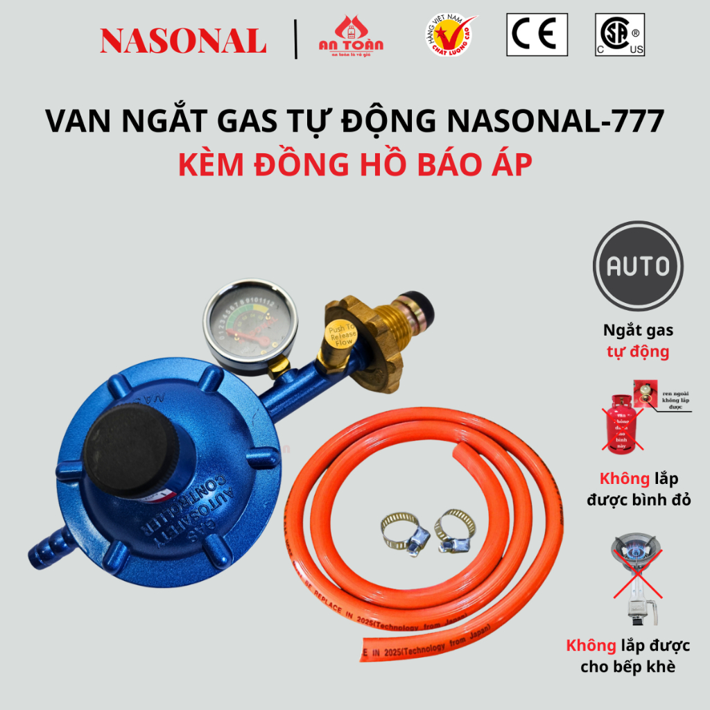 Bộ van dây ngắt gas tự động điều áp đồng hồ Nasonal NA-777 theo dõi gas dễ dàng, an toàn khi sử dụng