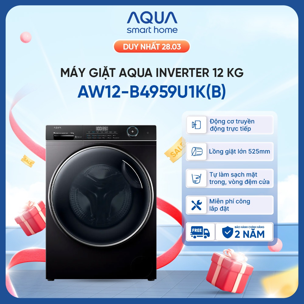 Máy giặt lồng ngang Aqua Inverter 12kg AW12-B4959U1K(B) - Bảo hành 2 năm - Freeship toàn quốc