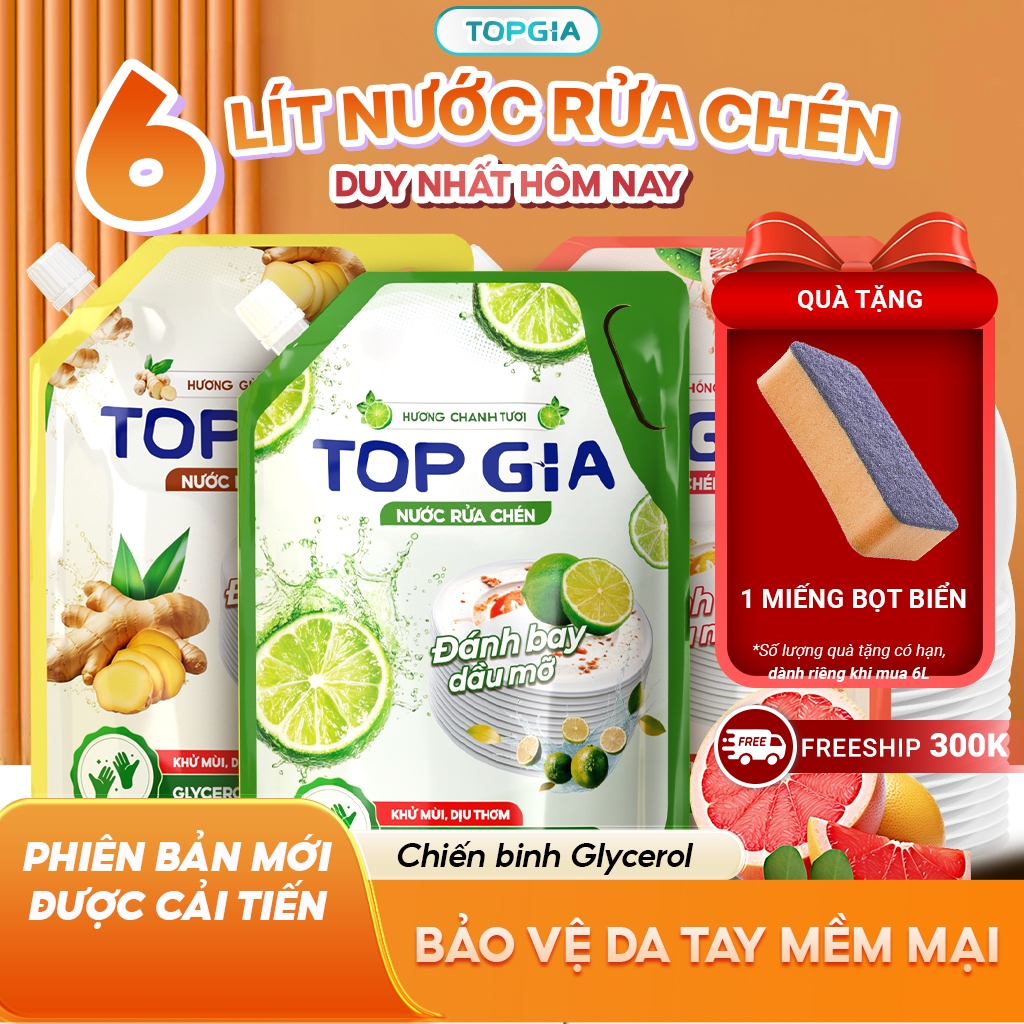 Nước Rửa Chén Bát TopGia Thiên Nhiên Túi 2L, An Toàn Dịu Nhẹ Da Tay, Tẩy Sạch Dầu Mỡ Cứng Đầu