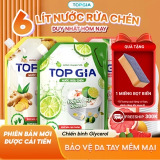 Nước Rửa Chén Bát TopGia Thiên Nhiên Túi 2L, An Toàn Dịu Nhẹ Da Tay, Tẩy Sạch Dầu Mỡ Cứng Đầu