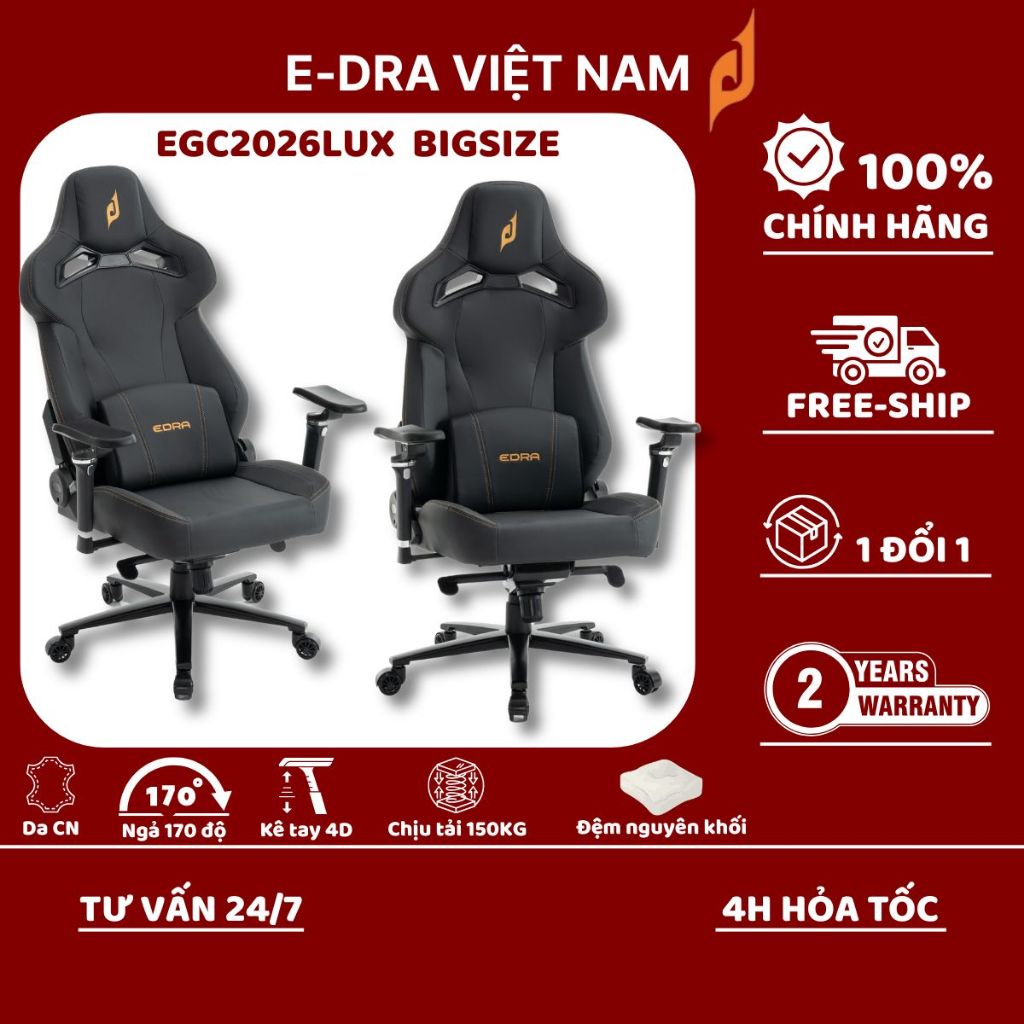 Ghế Game E-DRA Ultimate EGC2026 LUX Bigsize chịu tải 150kg, đệm đúc nguyên khối. Hàng chính hãng - B