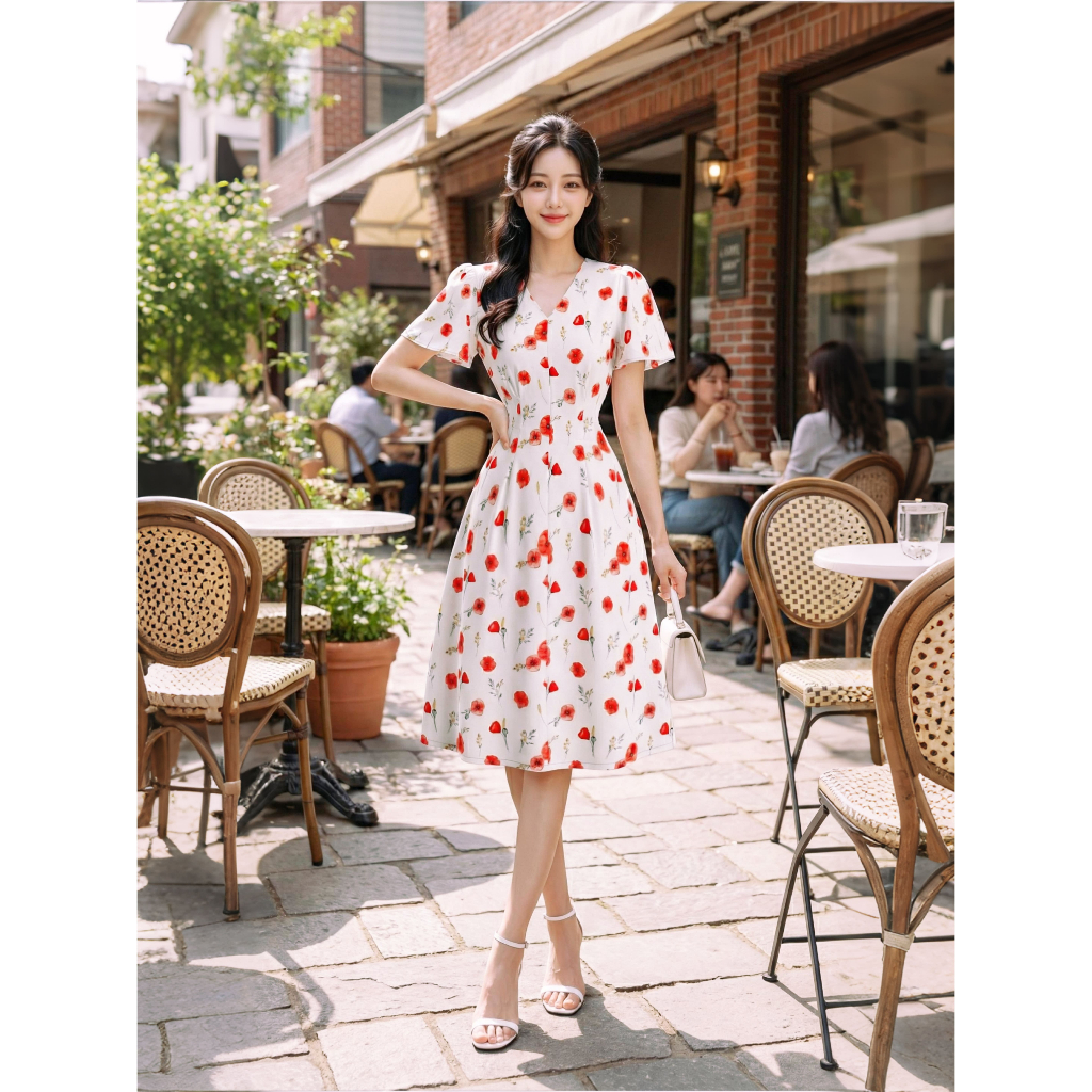 Váy hoa đỏ cổ tim thiết kế công sở đẹp thanh lịch chữ a tay loe đi làm đi chơi eo tôn dáng Lux W Fas