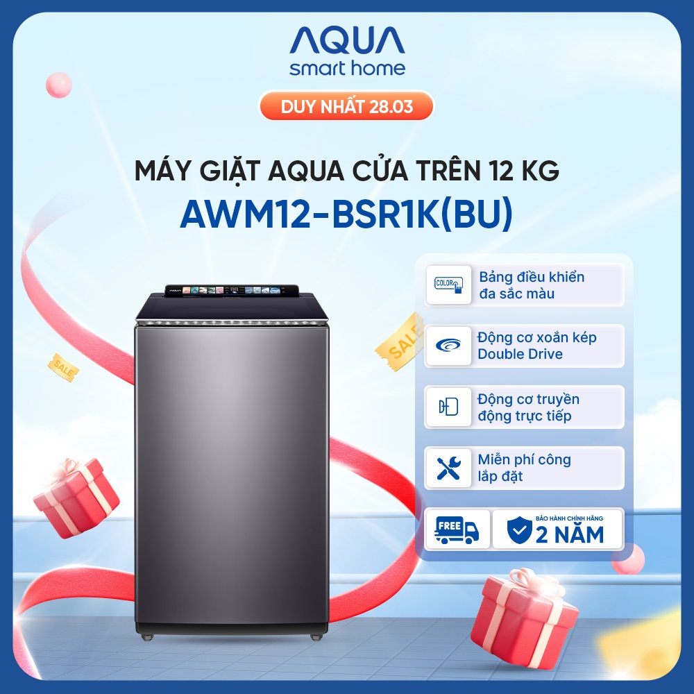 Máy giặt cửa trên Inverter AQUA 12kg  AWM12-BSR1K(BU) - Bảng điều khiển màu - Freeship toàn quốc