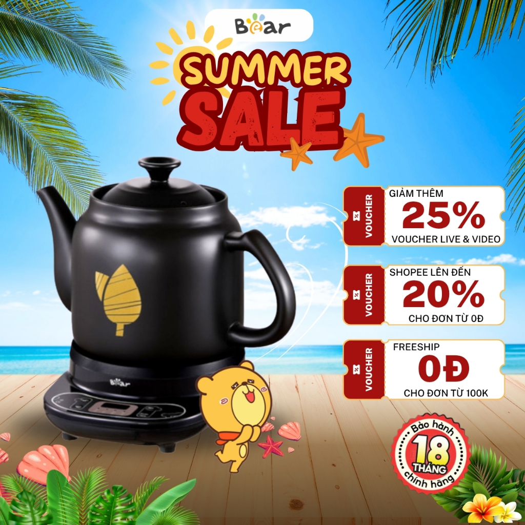 Ấm Sắc Thuốc 4L Bear HTM-4H40X- 500W- Giữ Ấm Làm Bằng Gốm Sứ- Nút Cơ Dễ Sử Dụng - Bảo Hành 18 Tháng