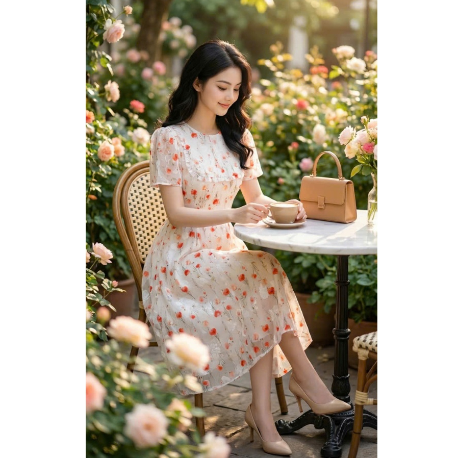 Váy voan hoa xinh thiết kế công sở dáng xòe tay loe thanh lịch đi làm đi chơi eo tôn dáng Lux W Fash