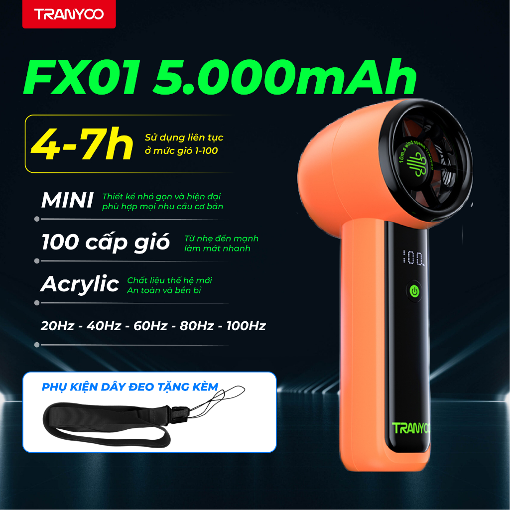 [TRANYOO] Quạt Cầm Tay T-FX01 Quạt Turbo Mini | Pin 5000mAh | 100 Tốc Độ Gió | 7h Sử Dụng Liên Tục