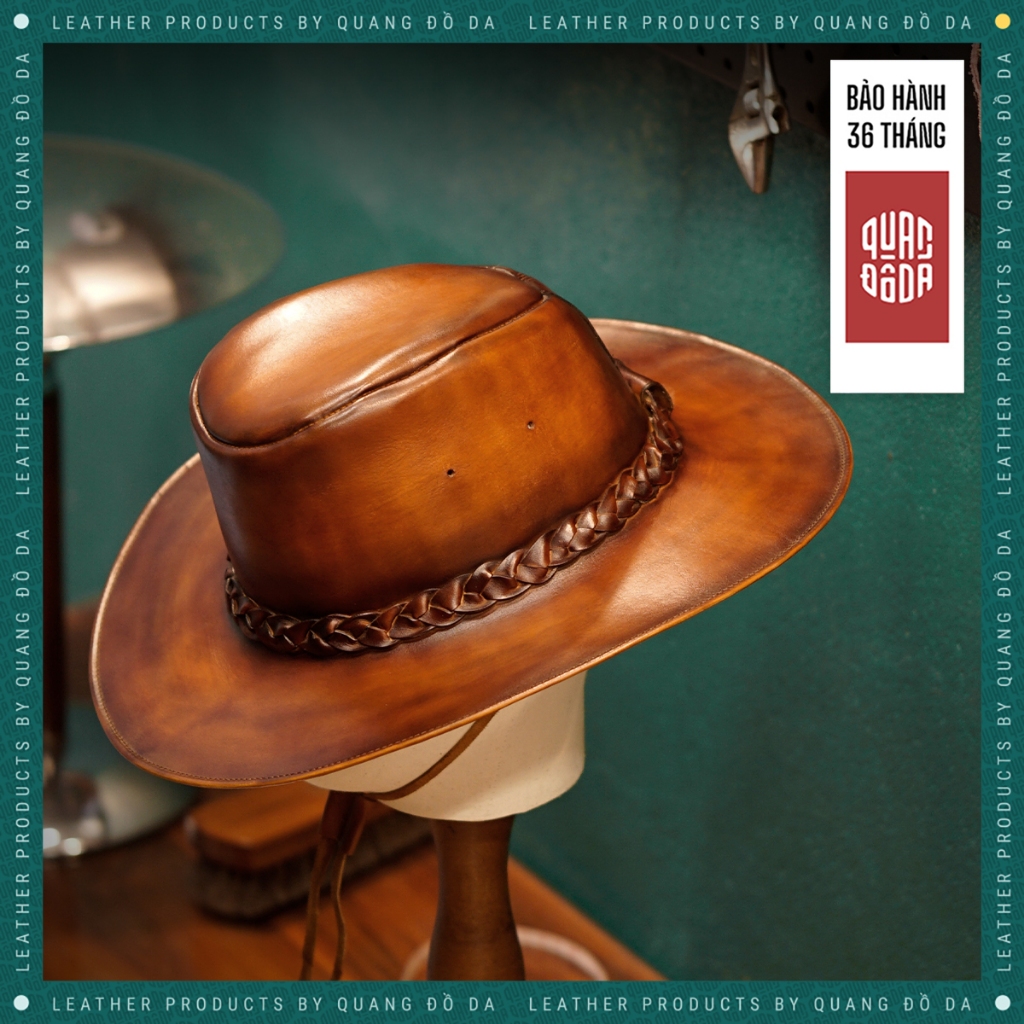 Mũ da thật vành rộng cổ điển dễ dàng phối đồ, mũ cowboy thủ công màu Hổ Phách MCP_01A bảo hành 3 năm