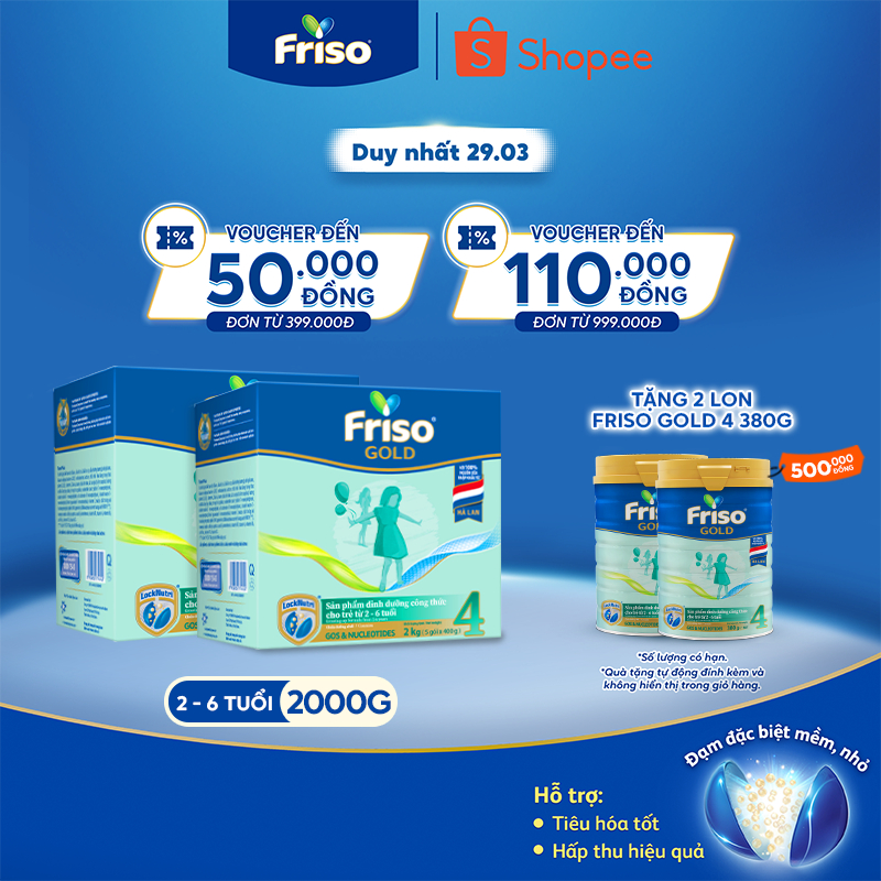 [Tặng 2 Lon Friso Gold 4 380G] Combo 2 Hộp Sữa Bột Friso Gold 4 Hộp Giấy 2KG