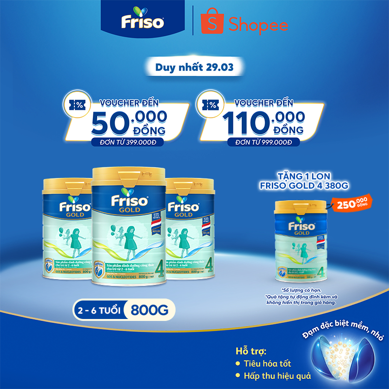 [Tặng 1 Lon Friso Gold 4 380G] Combo 3 Lon Sữa Bột Friso Gold 4 800G/850G (cho trẻ từ 2-6 tuổi)