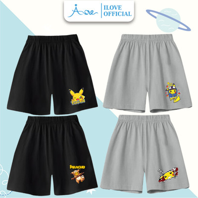 [MỚI] Quần đùi Cotton cho bé AORE, Quần short ngắn có túi in hình Pikachu, Pokemon mềm mịn thoáng mát cho bé trai 8-35kg