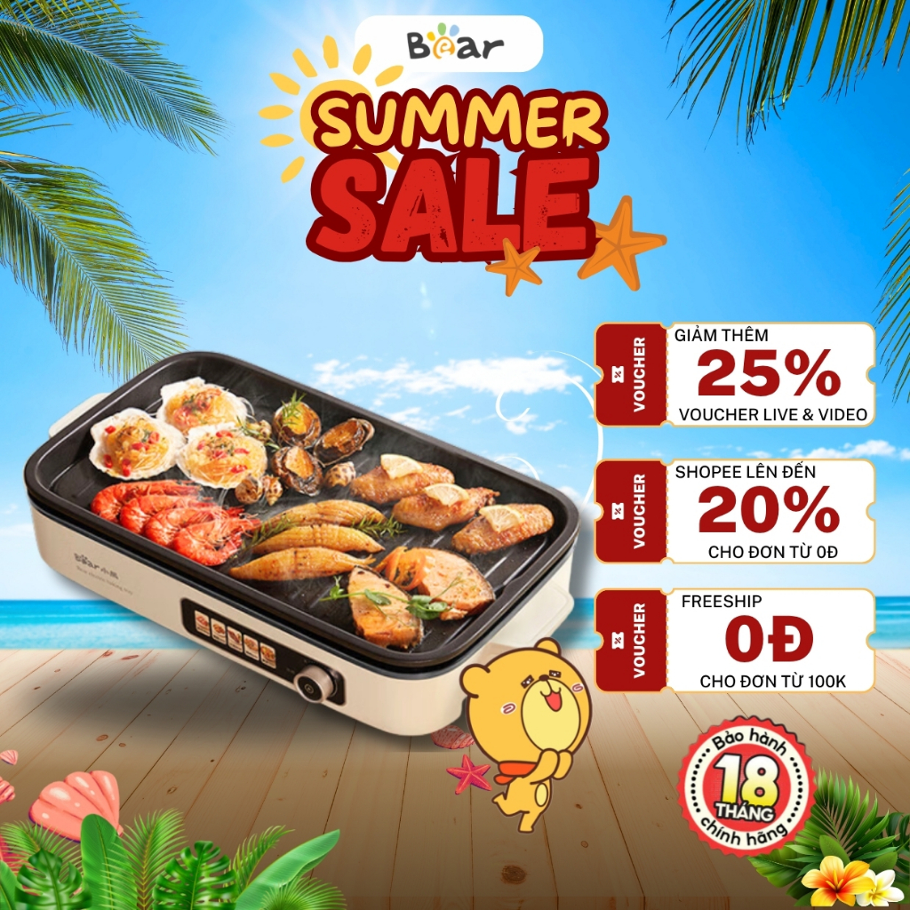 Bếp nướng điện Bear GR-4H15C, 1500W, 2 mức nhiệt điều chỉnh,Chống dính cho 4-6 người ăn,BH 18 Tháng