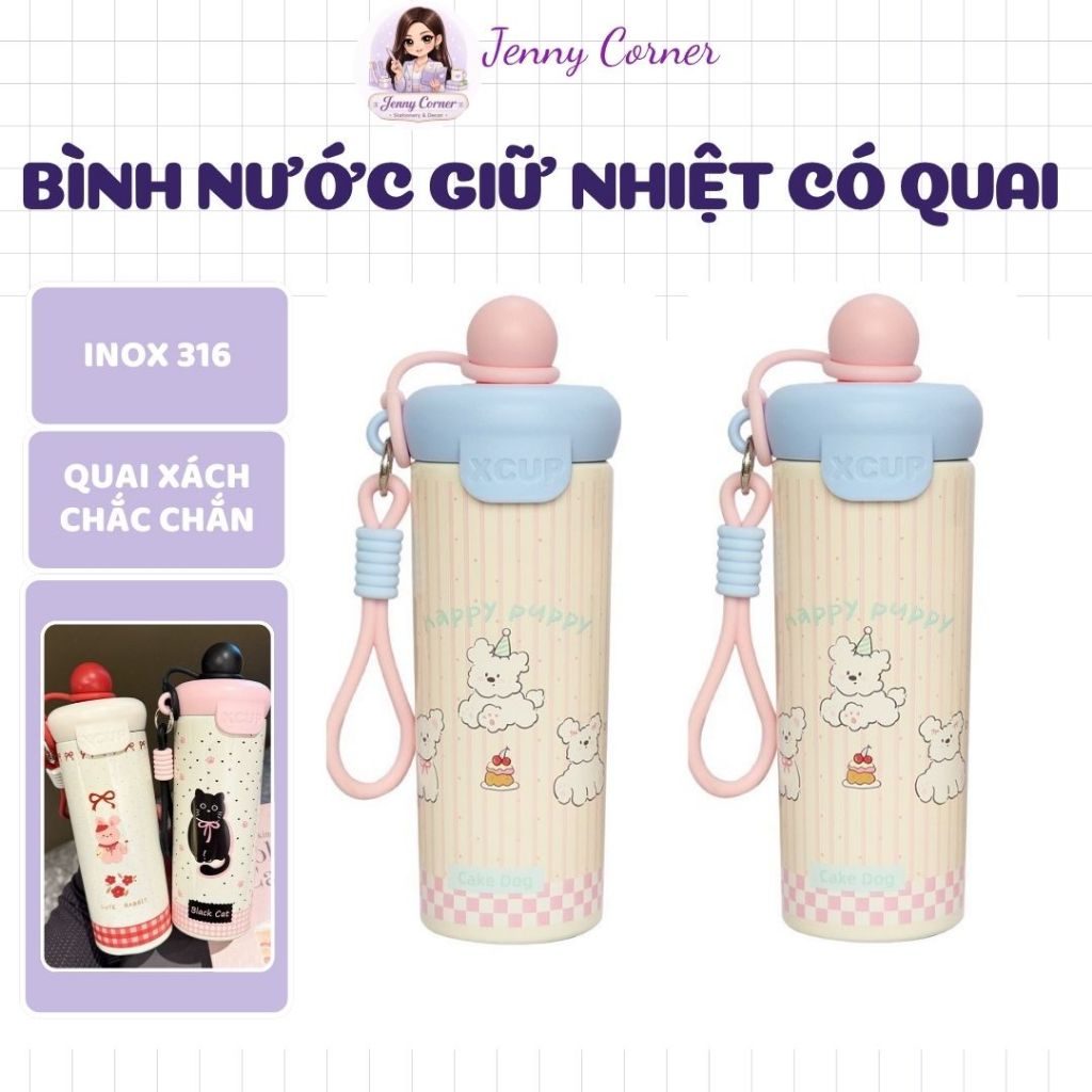 Bình nước giữ nhiệt lõi Inox 316 (650ml) cao cấp, họa tiết hoạt hình dễ thương kèm dây xách tiện lợi