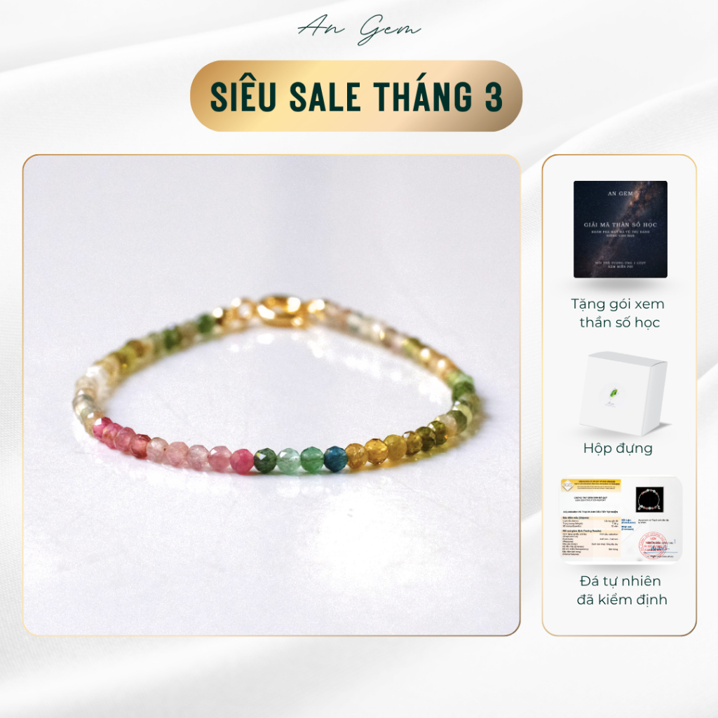 Lắc tay tourmaline đa sắc An Gem, vòng tay charm móc khóa freesize