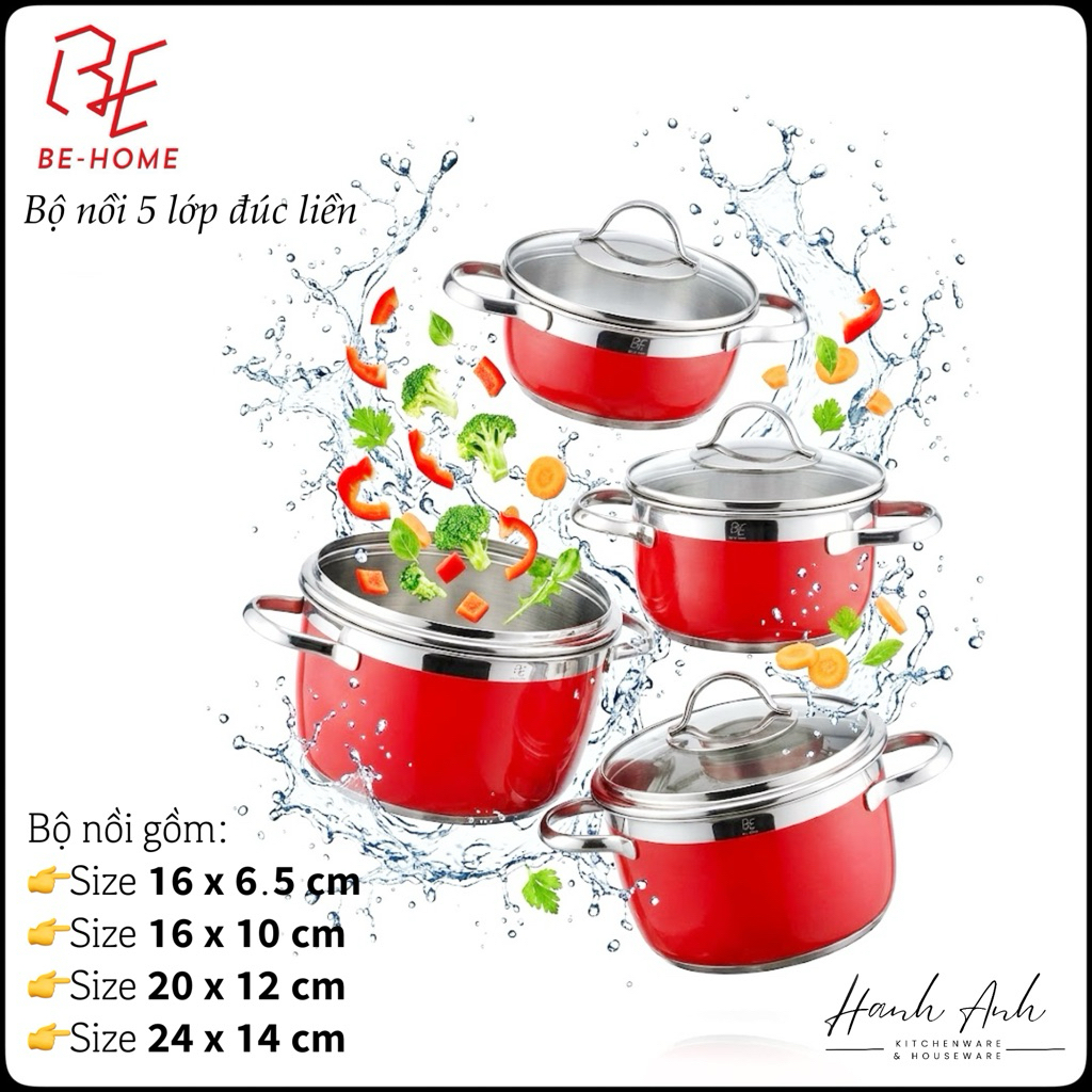 Bộ nồi 𝗕𝗘𝗛𝗢𝗠𝗘 màu đỏ 4 món 5 lớp