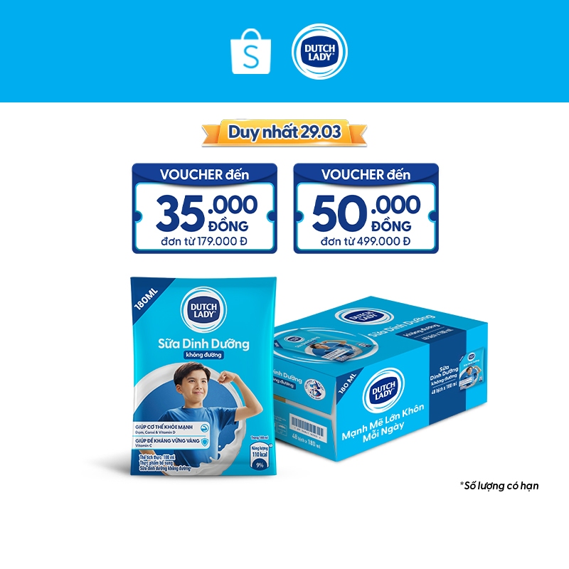 Thùng 48 Bịch Sữa Dinh Dưỡng Dutch Lady Không Đường 48x180ml