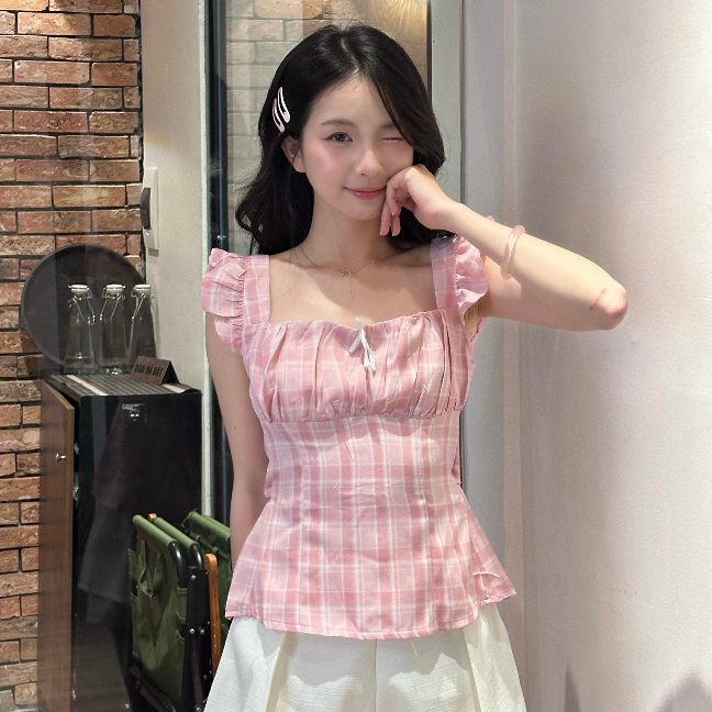 Áo Kiểu Nữ Dáng Cotteque Ô Kẻ Cổ Vuông Có Chiết Eo Mùa Hè Noiree - NA666