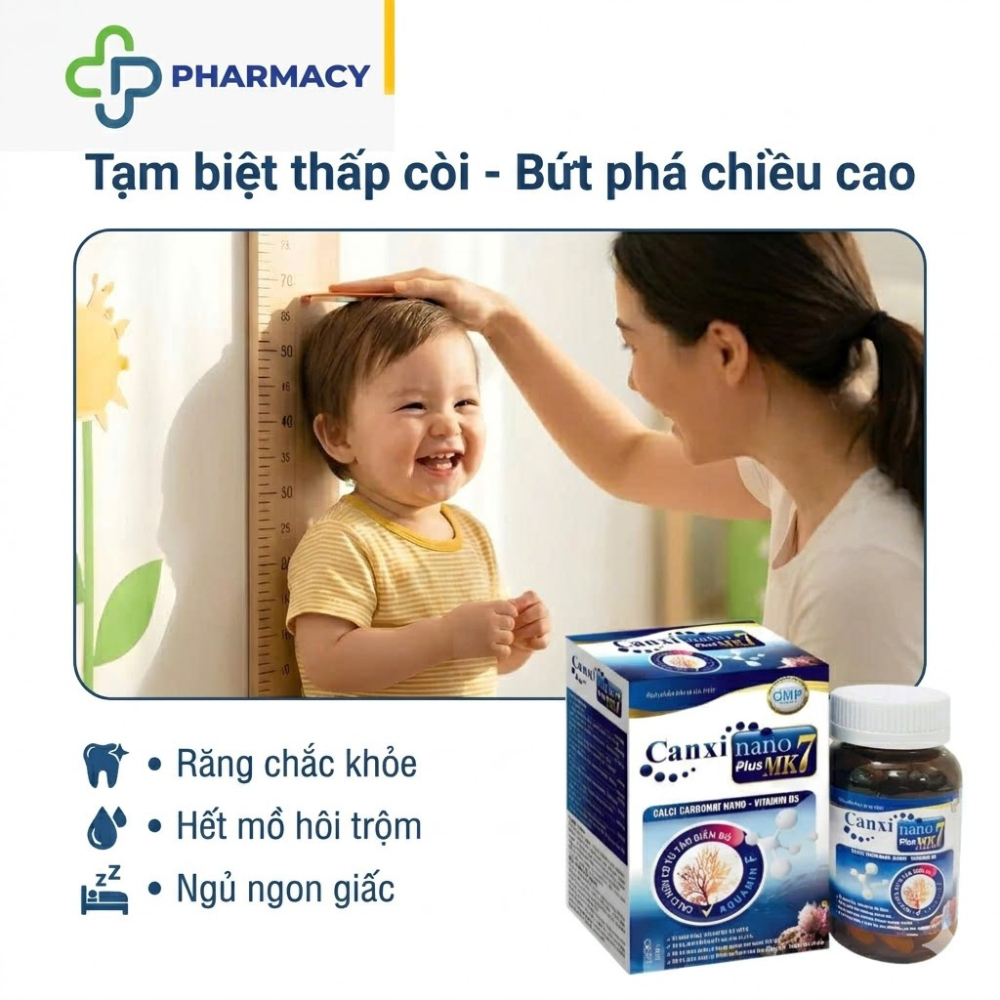 Canxi Nano MK7 Plus - Bổ sung Canxi, D3 và MK7, Hỗ trợ hấp thu và chuyển hóa canxi 1 hộp 30 viên