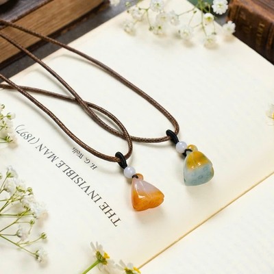 Dây Chuyền Cẩm Thạch Hoàng Phỉ Type A Nếp Băng Dây Da Nâu Cá Tính - Ngọc Trai Trường Thịnh