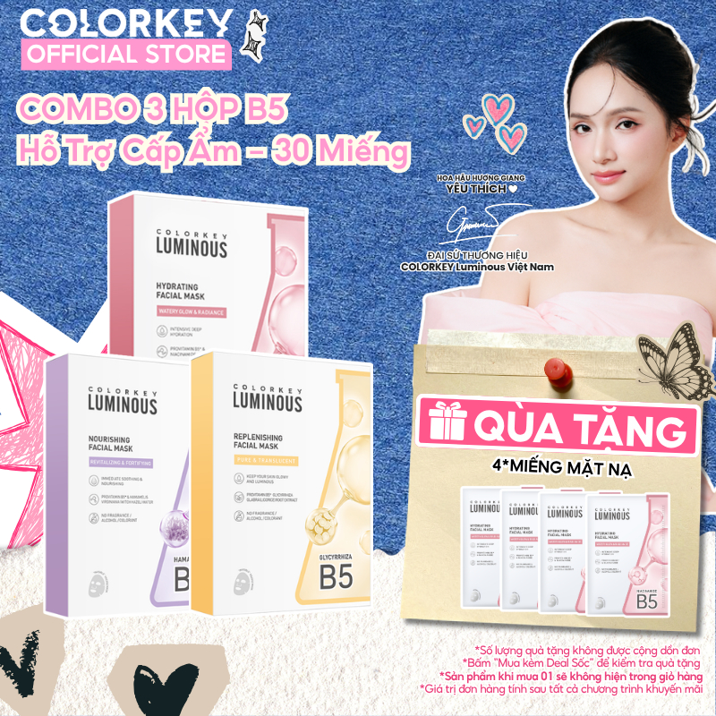 3 Hộp 3 Màu Mặt Nạ Giấy COLORKEY LUMINOUS Vitamin B5 Giúp Cấp Ẩm, Hỗ Trợ Làm Sáng Da 10 miếng
